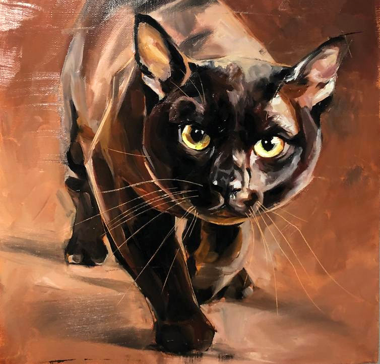 An oil painting of a black cat