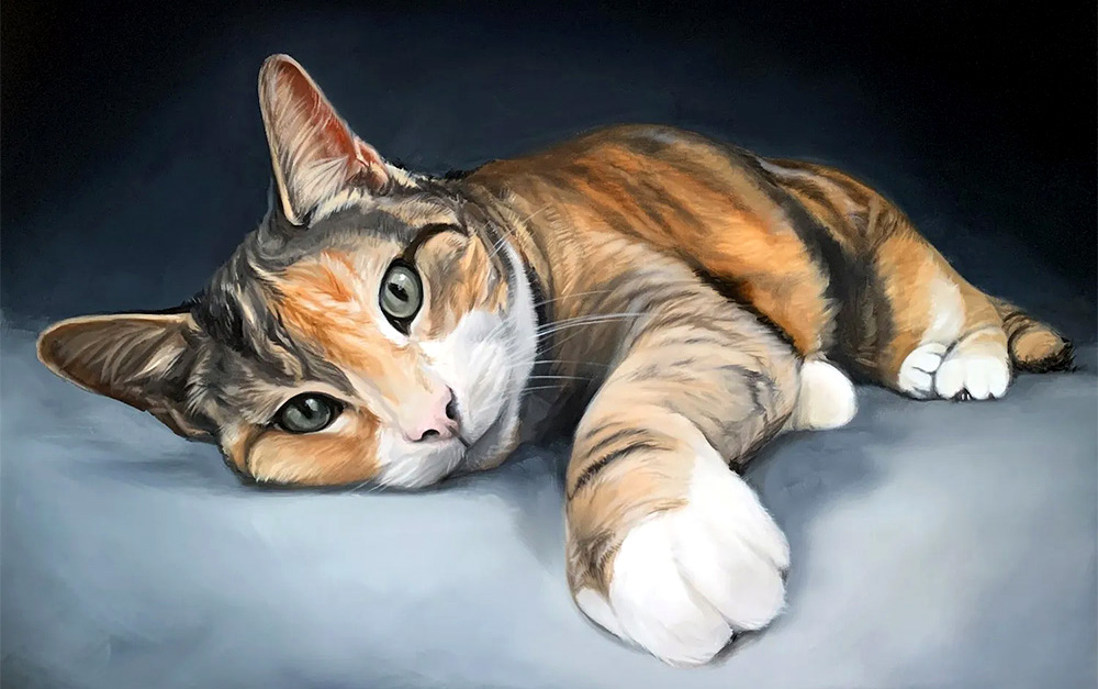 An oil painting of a tabby cat lying down
