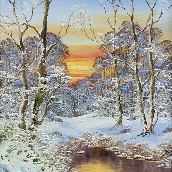 An oil painting of a winters scene