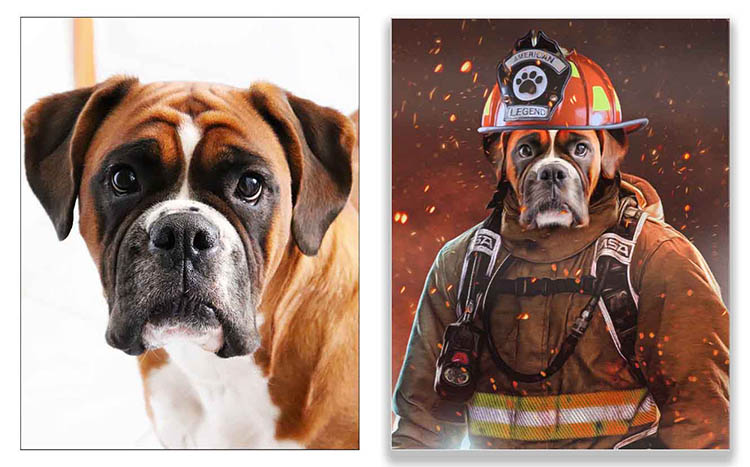 Painting of a dog in a fireman's uniform