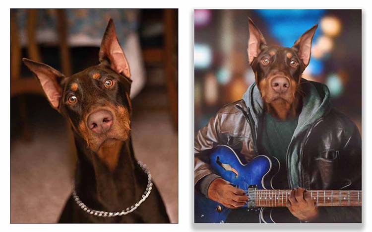 Painting of a dog playing the guitar
