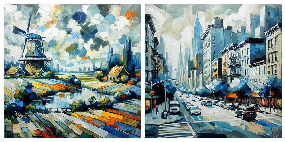 Two abstract oil paintings of a dutch landscape and New York cityscape